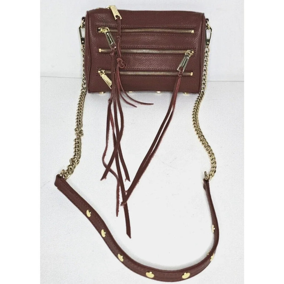 Rebecca Minkoff Mini 5 Zip Crossbody Genuine Leather Purse Bag Moto WHISKEY RED - Picture 2 of 14